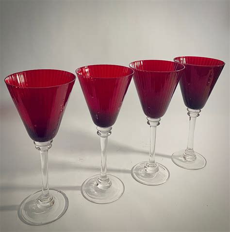 Ruby Red Fluted Ribbed Wine Glasses With Clear Stem Set Of Etsy