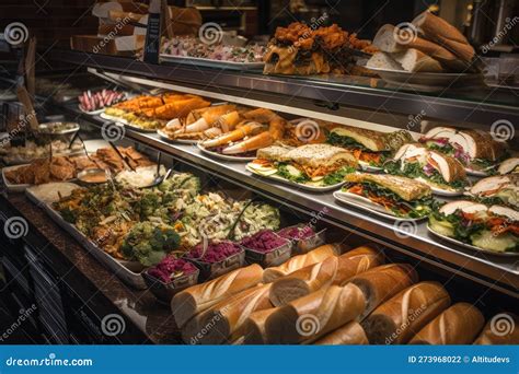 Deli Counter With Variety Of Sandwiches Wraps And Salads Stock