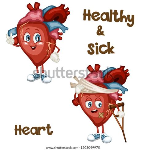 Cartoon Illustration Of A Healthy Happy Heart And A Sad Unhealthy Sick