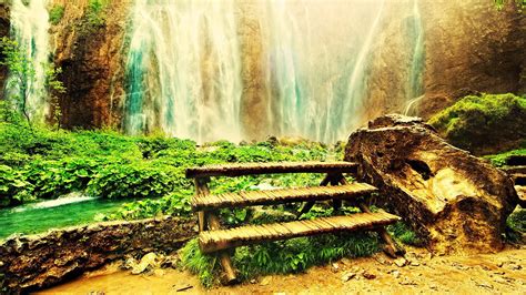 Wallpaper Sunlight Landscape Forest Waterfall Rock Nature Grass