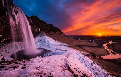 Wallpaper Landscape Sunset Nature Rocks Waterfall Ice Iceland