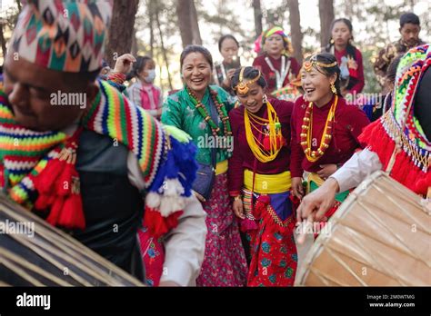 kathmandu nepal 08th dec 2022 people of the kirat community wearing traditional attire seen
