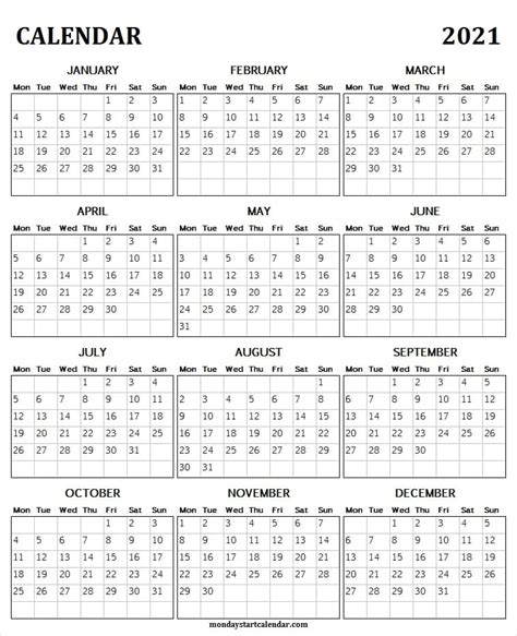 Blank Calendar 2021 Printable Editable Yearly Calendar 2021 Blank