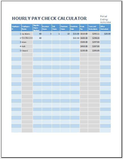 hourly paycheck calculator template  excel excel