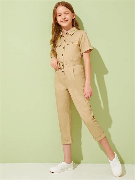Shein Girls Flap Pocket Cuffed Sleeve Belted Utility Jumpsuit