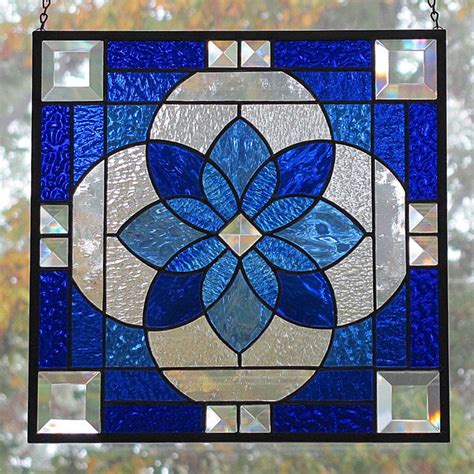 Stained Glass Panel Beveled Star Burst Shades Of Blue Stained Glass Quilt Faux Stained Glass