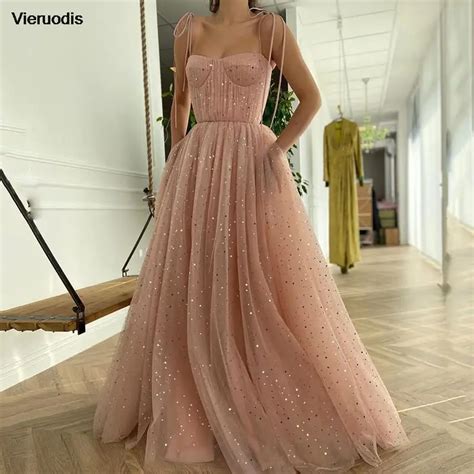Pink Long Prom Dresses Sweetheart Spagetti Straps Stars Sequined