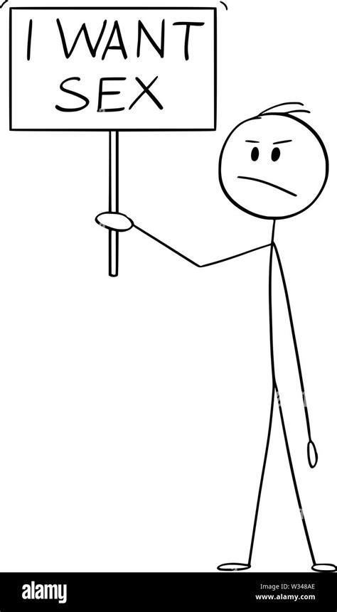 vector cartoon stick figure drawing conceptual illustration of frustrated man holding sign with