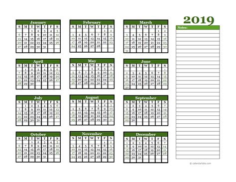 2019 Yearly Calendar With Blank Notes Free Printable Templates