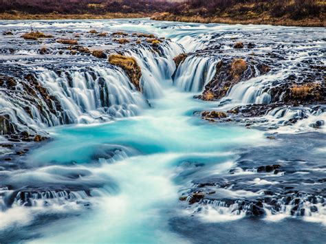 Bruarfoss Waterfall Turquoise Blue Water In Iceland Nature Landscape 4k