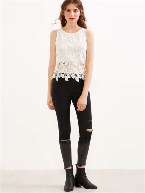 White Embroidered Lace Tank Top Shein Sheinside