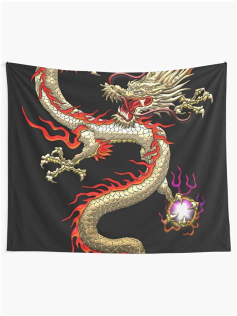 Golden Chinese Dragon Fucanglong On Black Tapestry For Sale By