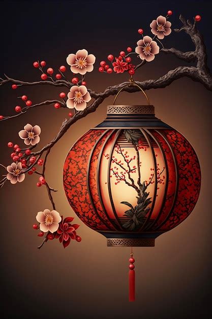 Premium Photo Chinese Lantern Hanging From A Tree Branch Generative Ai