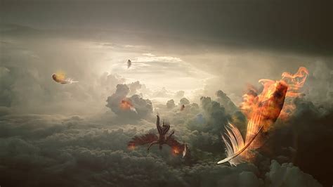Hd Wallpaper Icarus Clouds Fire Wings Flying Burning Falling