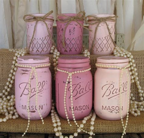 On Sale Set Of 6 Mason Jars Painted Mason Jars Pink Mason Etsy