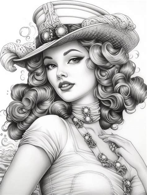 Vintage Pinup Coloring Book For Adults And Kids Grayscale Etsy