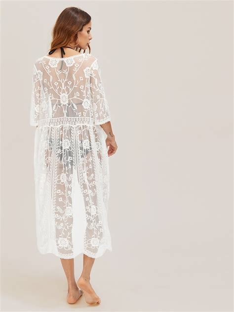 embroidered sheer mesh beach cover up shein sheinside