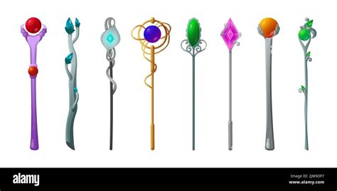 Colorful Magic Wands For Wizards Cartoon Illustration Set Metal Magicians Walking Sticks With