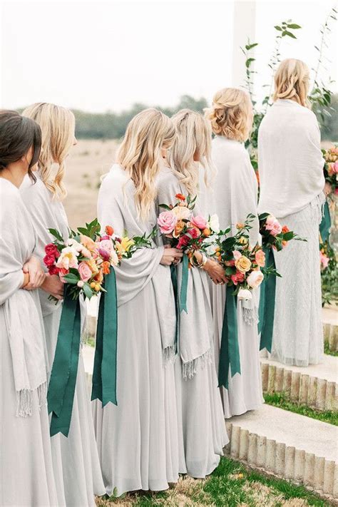 Grey Bridesmaids Dresses With Shawls And Jewel Tone Bouquets Bridesmaid Wrap Gorgeous