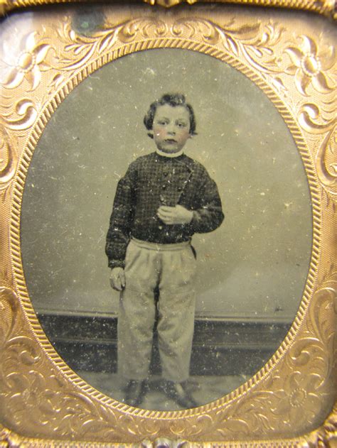 Antique Tintype Photograph Young Boy W Checkered Coat And Tinted Cheeks