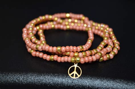 Dusty Rose Pink And Gold 24k Plated Peace Sign Bracelet Set Of 4 Boho