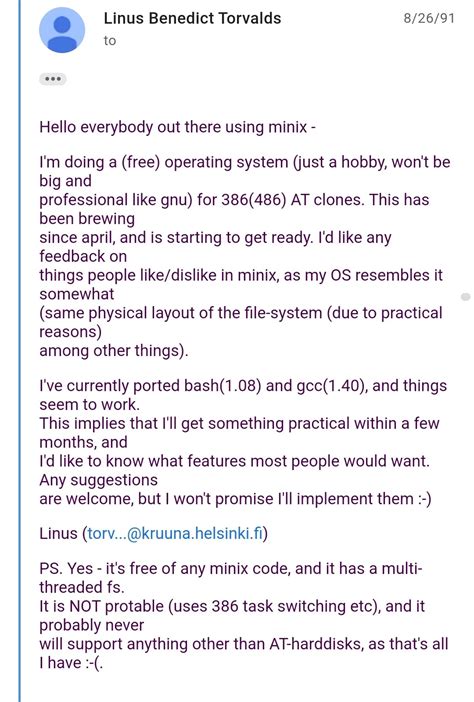 Linux Handbook On Twitter Years Ago Linus Torvalds Sent This Mail Announcing The Linux