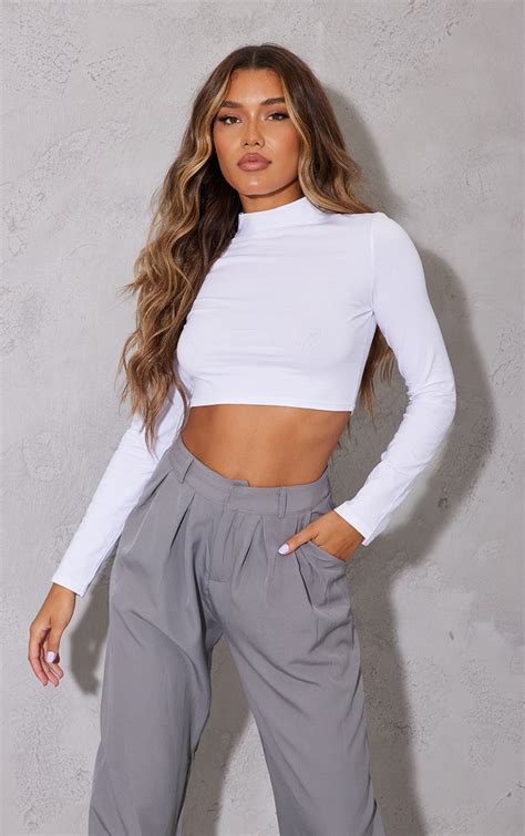 White High Neck Long Sleeve Crop Top Tops Prettylittlething