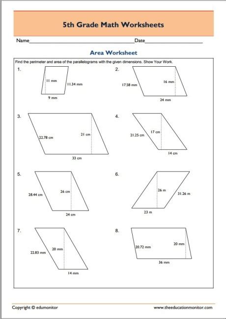 Printable 5th Grade Math Worksheets In Pdf Area And Perimeter