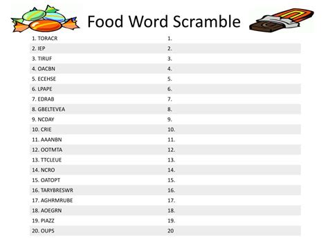 Food Word Scramble Printable