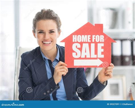 Happy Realtor Woman Showing Home For Sale Sign Stock Image Image Of Sale Executive 39327091