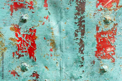 Aged Tin Background With Peeling Paint Rust And Rivets Stock Photo