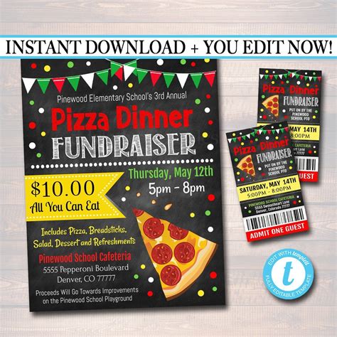 Pizza Dinner Fundraiser Flyer Ticket Set Editable Template In 2021