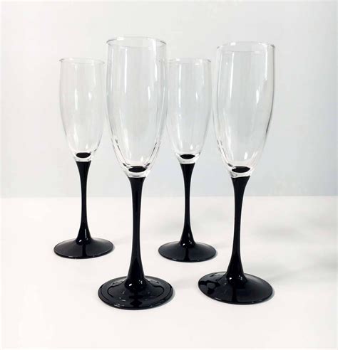 Vintage Set Of 4 Luminarc France Black Stemmed Champagne Glasses Or