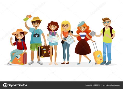 Group Of Tourists Cartoon Characters Vector Flat Illustration Young