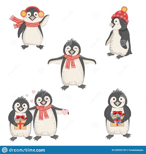 Set Of Cute Funny Penguins In Cartoon Style Stock Vector