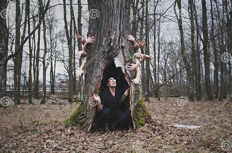 The Dark And Mysterious Forest A Scared Person Hiding Under A Tree