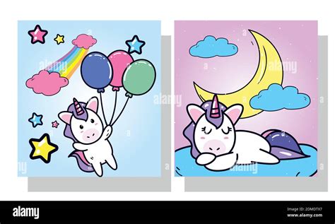 Unicorns Horses Cartoons With Balloons And Moon In Frames Design Magic