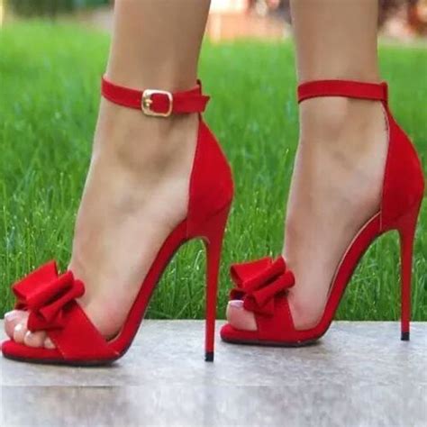 Hury Womens Red Stiletto Heels Dress Shoes Open Toe Bow Ankle Strap Sandals Elegantshoegirl