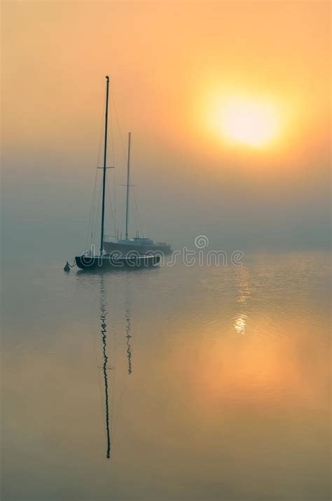 Morning Foggy Lake Landscape Stock Image Image Of Nautical Ship