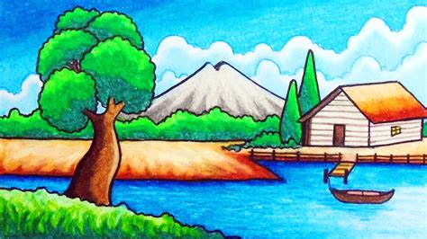 How To Draw Easy Scenery Drawing House Across The River Scenery Step