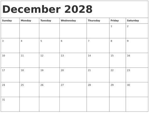 December 2028 Calendar Template