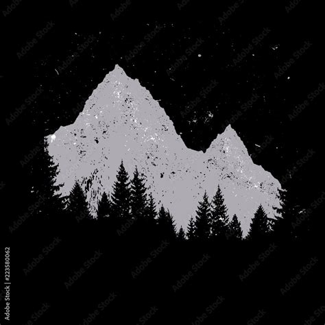Distressed Grunge Mountain Landscape Vector Pine Trees Isolated Stock