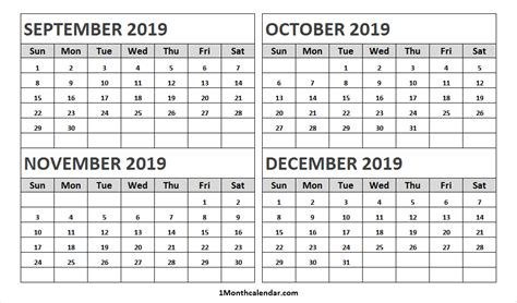 September October November December Calendar 2019
