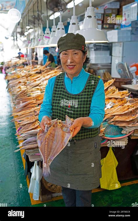 Korean Market Woman With Dried Grouper Yeosu Fish Market Yeosu