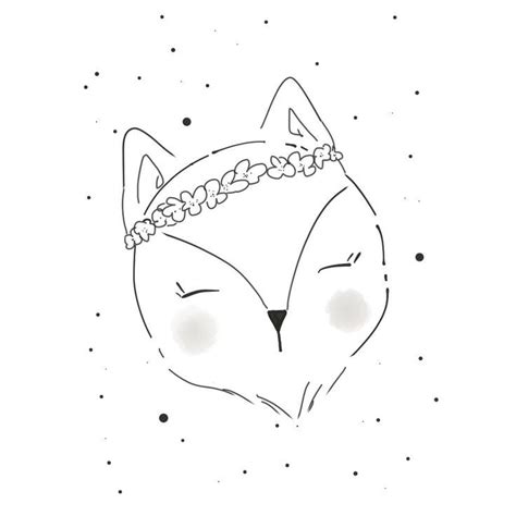 Flat cute whimsical animal drawing. Black and White whimsical fox illustration with a flower ...