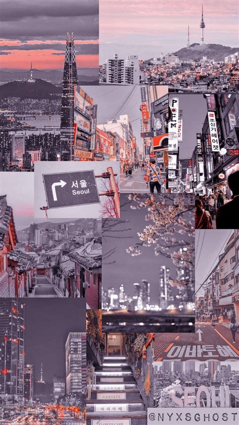 A Collage Of Photos With Buildings And Signs In The City At Sunset Or Dawn