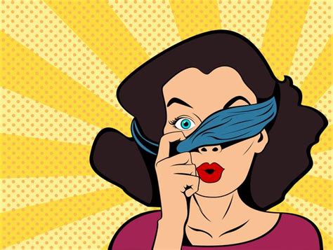 Pop Art Girl With Tied Eyes Looking Above Bandage Prying Woman Surprised Vintage Advertising
