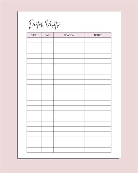 Doctors Visits Tracker Printable Doctors Appointments Log Etsy