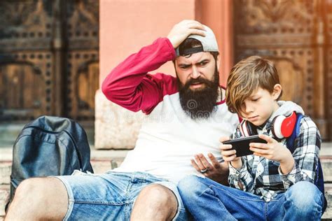 Son Having Internet Addiction Father Watch How Son Plays Online Game Stock Photo Image Of