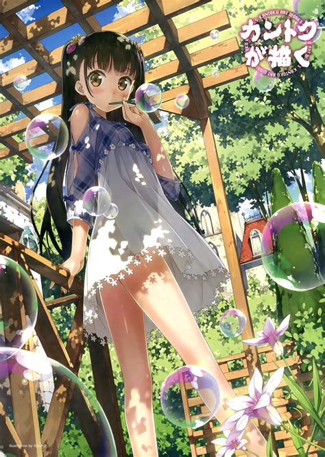 1girl absurdres brown hair bubble bubble blowing dress garden highres kantoku… con imágenes